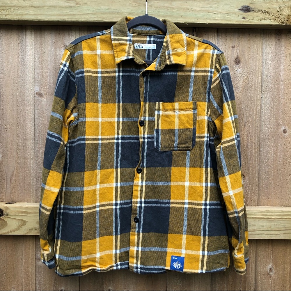 Zara Men’s Flannel Button Down Shirt Shacket Size M Plaid Mustard Gray